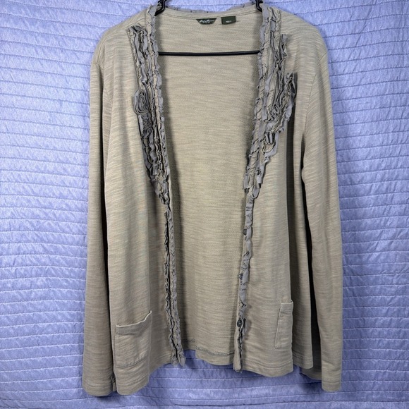 Eddie Bauer Sweaters - Eddie Bauer Cardigan Sweater Womens XL Olive Gray Button Front Boho Trim
